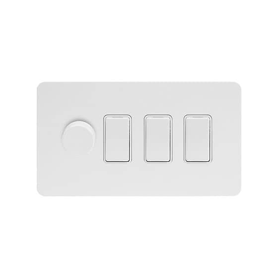 Soho Lighting White Metal Flat Plate 4 Gang Switch with 1 Dimmer (1x150W LED Dimmer 3x20A Switch)