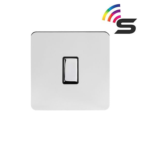 The Finsbury Collection Polished Chrome Flat Plate 1 Gang 150W Smart Rocker Switch Black Insert