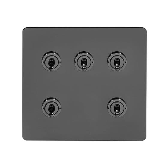 The Connaught Collection Black Nickel Flat Plate 5 Gang Toggle Light Switch 20A 2 Way Screwless