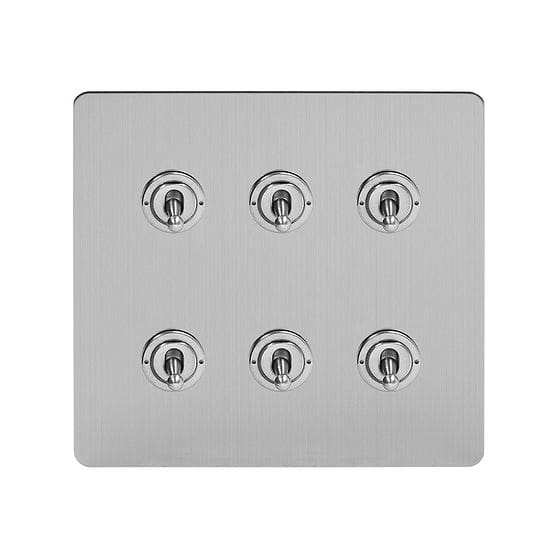 Soho Lighting Brushed Chrome Flat Plate 6 Gang Toggle Light Switch 20A 2 Way Screwless