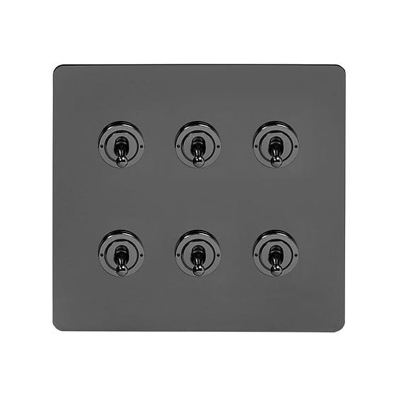 The Connaught Collection Black Nickel Flat Plate 6 Gang Toggle Light Switch 20A 2 Way Screwless