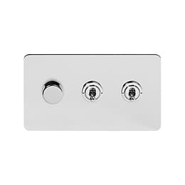 Soho Lighting Polished Chrome Flat Plate 3 Gang Switch with 1 Dimmer (1x150W LED Dimmer 2x20A 2 Way Toggle)