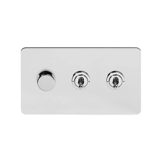 Soho Lighting Polished Chrome Flat Plate 3 Gang Switch with 1 Dimmer (1x150W LED Dimmer 2x20A 2 Way Toggle)