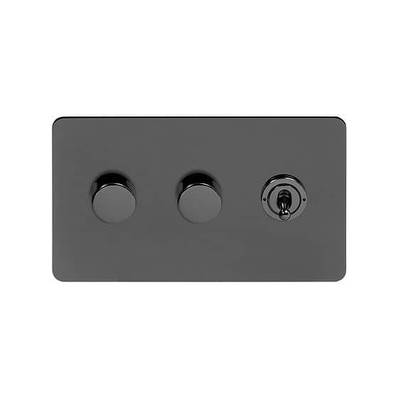 Soho Lighting Black Nickel Flat Plate 3 Gang Switch with 2 Dimmers (2x150W LED Dimmer 1x20A 2 Way Toggle)