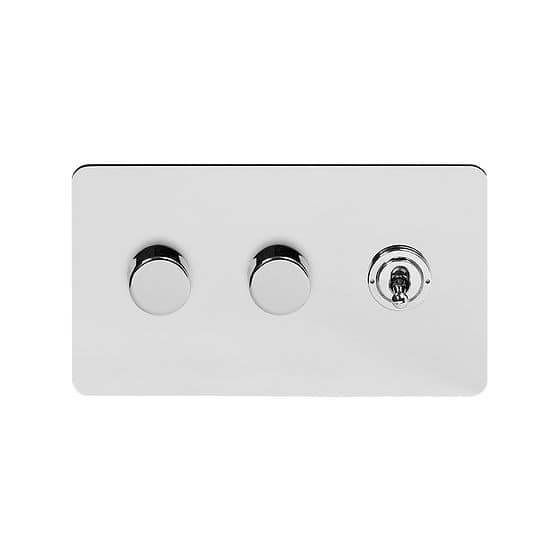 Soho Lighting Polished Chrome Flat Plate 3 Gang Switch with 2 Dimmers (2x150W LED Dimmer 1x20A 2 Way Toggle)