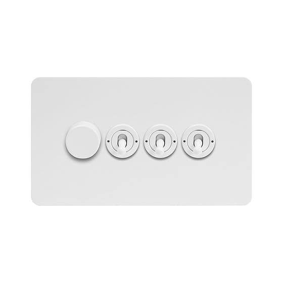 Soho Lighting White Metal Flat Plate 4 Gang Switch with 1 Dimmer (1x150W LED Dimmer 3x20A 2 Way Toggle)