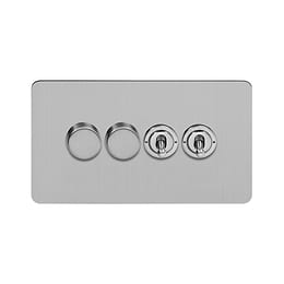 Soho Lighting Brushed Chrome Flat Plate 4 Gang Switch with 2 Dimmers (2x150W LED Dimmer 2x20A 2 Way Toggle)