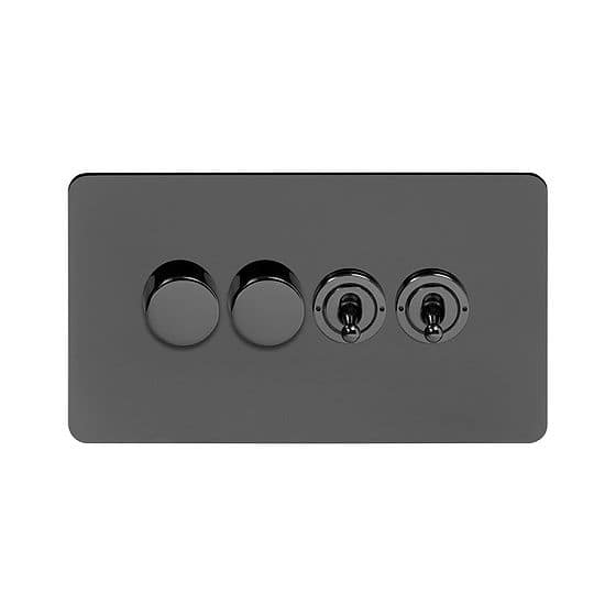 Soho Lighting Black Nickel Flat Plate 4 Gang Switch with 2 Dimmers (2x150W LED Dimmer 2x20A 2 Way Toggle)