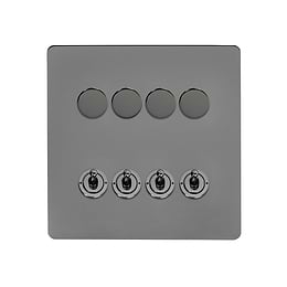 The Connaught Collection Flat Plate Black Nickel 8 Gang Dimmer & Toggle Combo 4x150W LED Dimmer 4x20A Toggle 