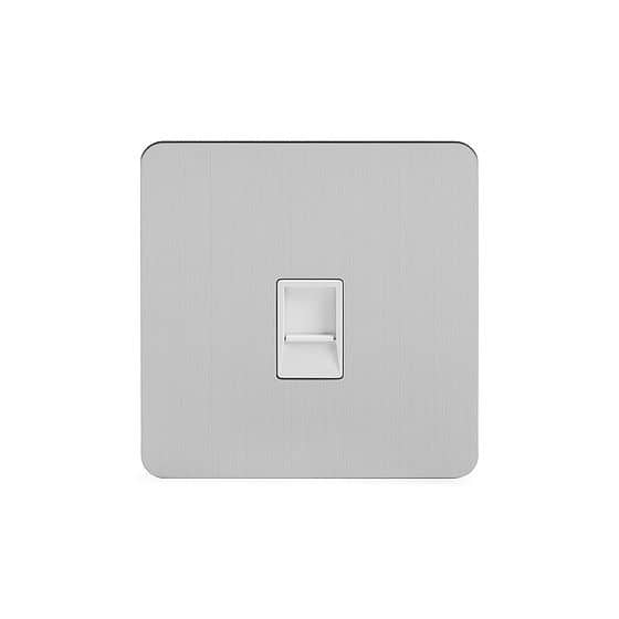 Soho Lighting Brushed Chrome Flat Plate 1 Gang Data Socket RJ45 Cat5 Wht Ins Screwless