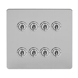 Soho Lighting Brushed Chrome Flat Plate 8 Gang Toggle Light Switch 20A 2 Way Screwless