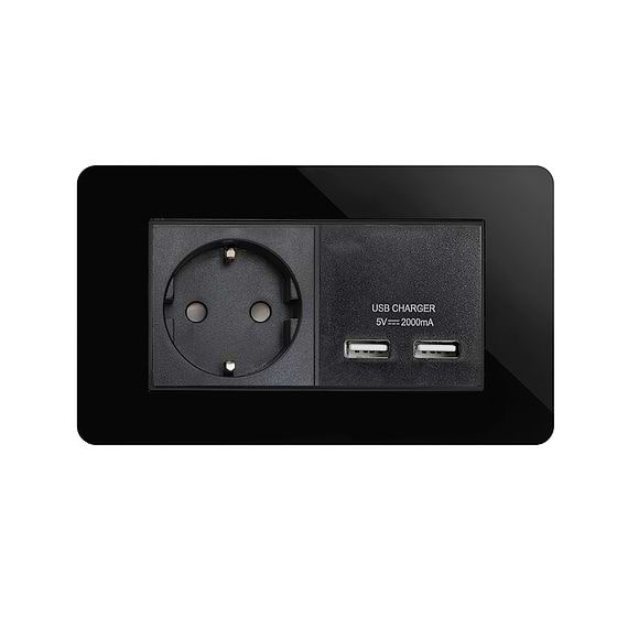 The Connaught Collection Black Nickel Flat Plate 2 Gang European Schuko Socket with USB Screwless
