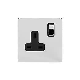 Soho Lighting Polished Chrome Flat Plate 13A 1 Gang Switched Socket Double Pole Blk Ins Screwless