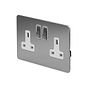 The Lombard Collection Brushed Chrome Flat Plate 13A 2 Gang Switched Socket Double Pole Wht Ins Screwless
