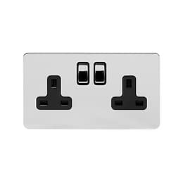 Soho Lighting Polished Chrome Flat Plate 13A 2 Gang Switched Socket Double Pole Blk Ins Screwless