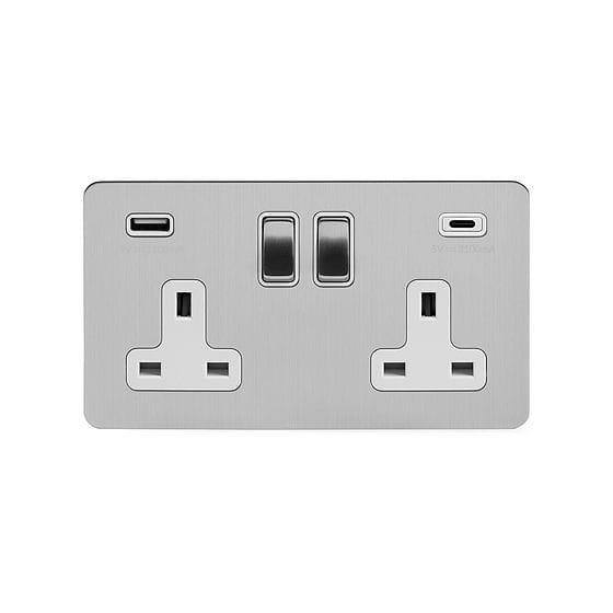 The Lombard Collection Brushed Chrome Flat Plate 2 Gang USB A+C Socket (13A Socket + 2 USB Ports A+C 3.1A) White Inserts