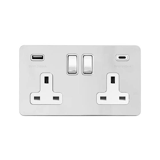 The Finsbury Collection Polished Chrome Flat Plate 2 Gang USB A+C Socket (13A Socket + 2 USB Ports A+C 3.1A)