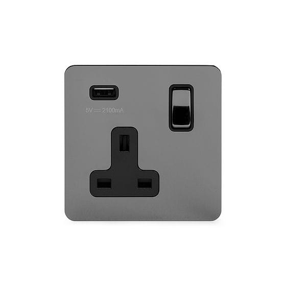 The Connaught Collection Black Nickel Flat Plate 1 Gang 13A DP Socket with USB-A 2.1A