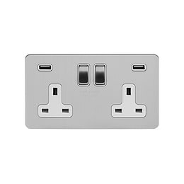 Soho Lighting Brushed Chrome Flat Plate 13A 2 Gang DP USB Switched Socket (USB Output 4.8amp) Wht Ins Screwless