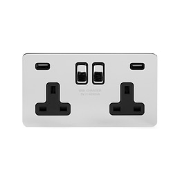 Soho Lighting Polished Chrome Flat Plate 13A 2 Gang DP USB Switched Socket (USB Output 4.8amp) Blk Ins Screwless