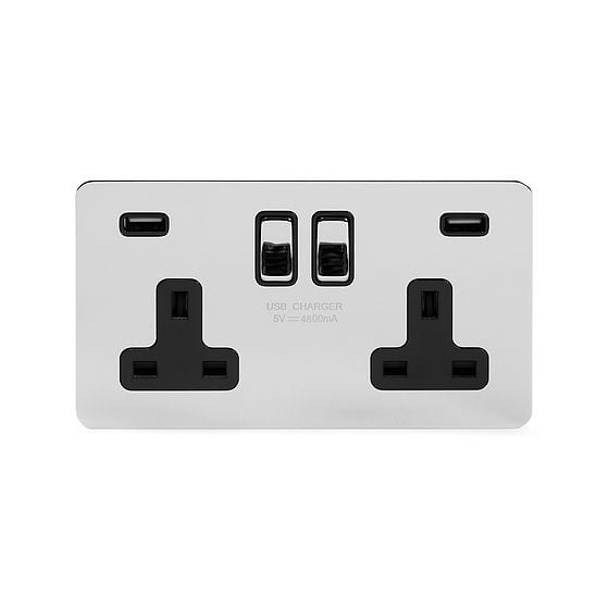 Soho Lighting Polished Chrome Flat Plate 13A 2 Gang DP USB Switched Socket (USB Output 4.8amp) Blk Ins Screwless