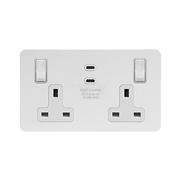 Soho Lighting White Metal Flat Plate 2 Gang 65W USB C+C Socket (13A Socket + 2 USB C Ports) 