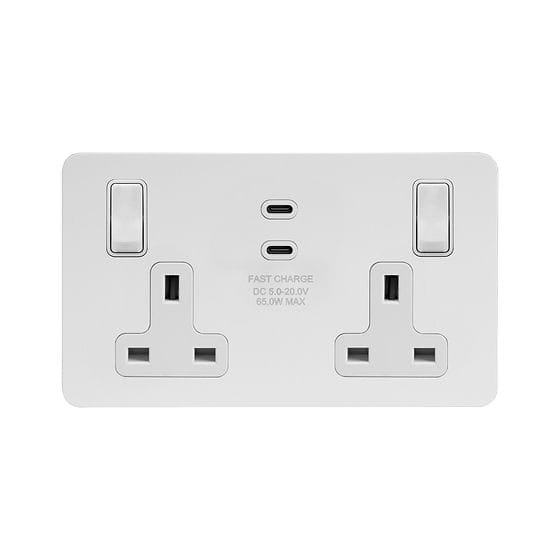 Soho Lighting White Metal Flat Plate 2 Gang 65W USB C+C Socket (13A Socket + 2 USB C Ports) 