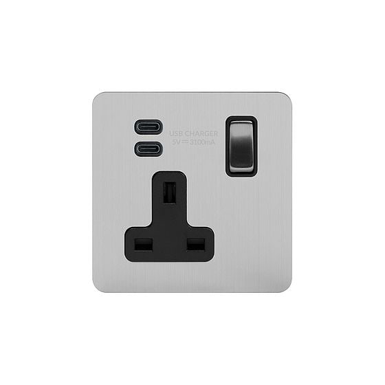 Brushed Chrome 1 Gang USB C Socket

