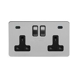 Soho Lighting Brushed Chrome Flat Plate 2 Gang USB C+C Socket (13A Socket + 2 USB C 4.8A Ports) 