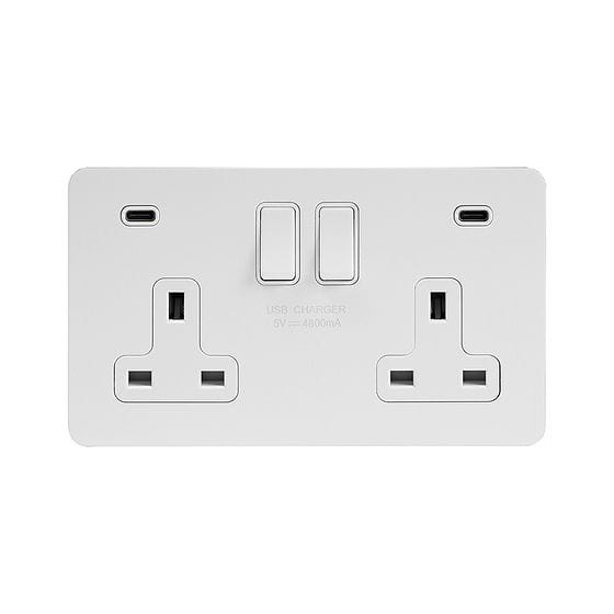 Soho Lighting White Metal Flat Plate 2 Gang USB C+C Socket (13A Socket + 2 USB C 4.8A Ports)