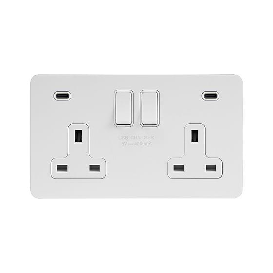 Soho Lighting White Metal Flat Plate 2 Gang USB C+C Socket (13A Socket + 2 USB C 4.8A Ports) 