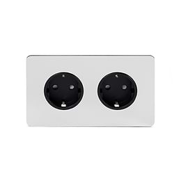 The Finsbury Collection Polished Chrome Flat Plate 16A 2 Gang Euro Schuko Socket Blk Ins Screwless