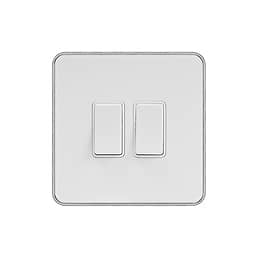Soho Lighting White Metal Plate with Chrome Edge 10A 2 Gang 2 Way Switch Wht Ins Screwless
