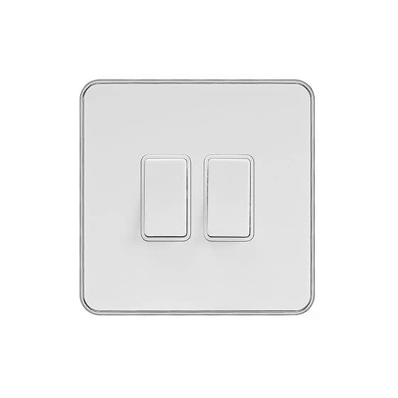 Soho Lighting White Metal Plate with Chrome Edge 10A 2 Gang 2 Way Switch Wht Ins Screwless