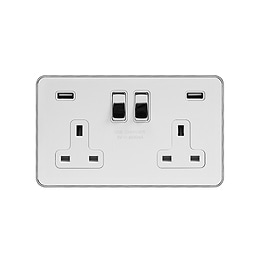 Soho Lighting White & Polished Chrome With Chrome Edge 2 Gang 13A DP Socket with 2 x USB-A 4.8A