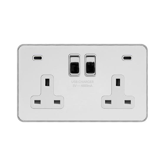 White Metal and Chrome 2 Gang USB C Socket
