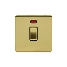 The Savoy Collection Brushed Brass 20A 1 Gang Double Pole Switch With Neon Blk Ins Screwless