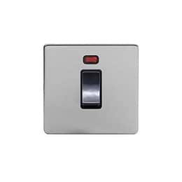 The Lombard Collection Brushed Chrome 45A 1 Gang Double Pole Switch With Neon, Single Plate Blk Ins Screwless