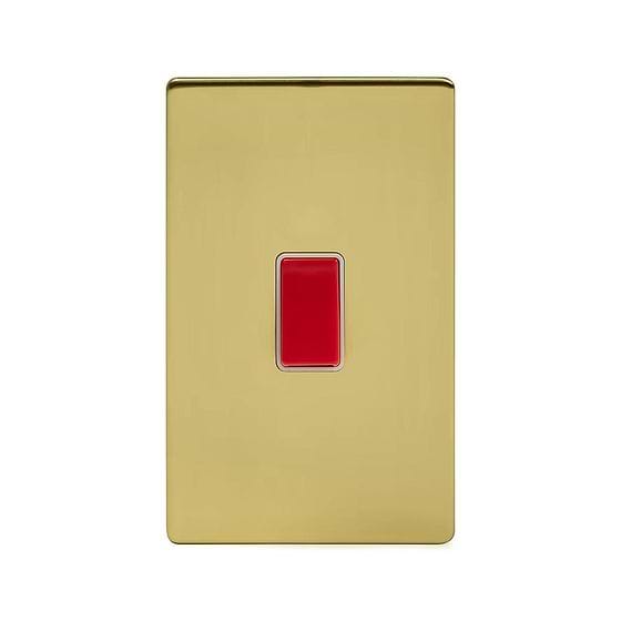 The Savoy Collection Brushed Brass 45A 1 Gang Double Pole Switch, Large Plate Screwless Wht Ins