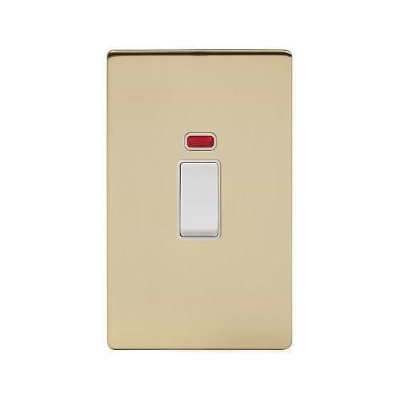 The Savoy Collection Brushed Brass 45A 1 Gang Double Pole Switch With Neon, Large Plate Wht Ins Screwless