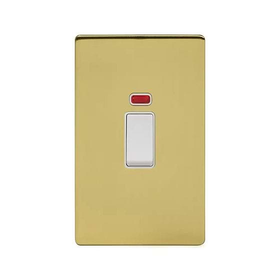 The Savoy Collection Brushed Brass 45A 1 Gang Double Pole Switch With Neon, Large Plate Wht Ins Screwless
