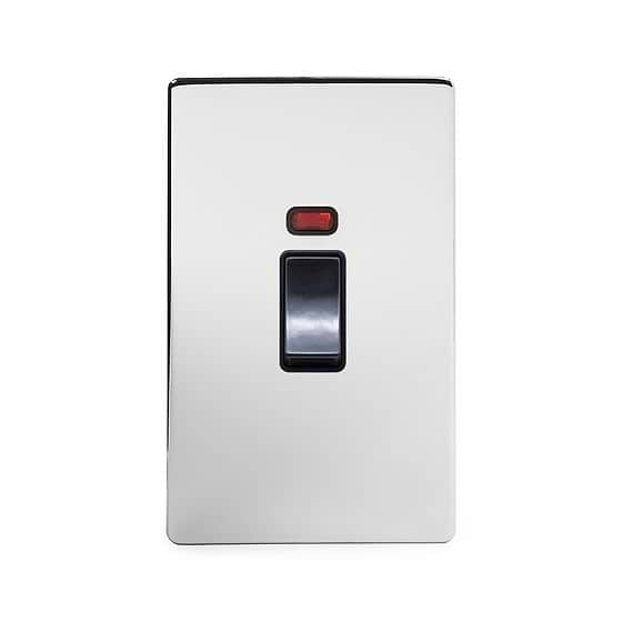 The Finsbury Collection Polished Chrome 45A 1 Gang Double Pole Switch With Neon Large Plate Blk Ins Screwless