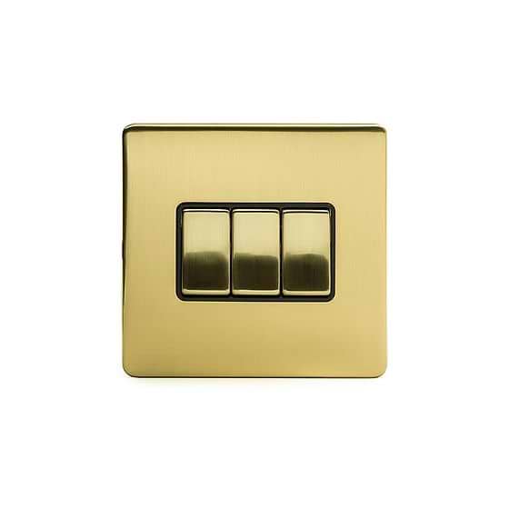 The Savoy Collection Brushed Brass 3 Gang 2 Way 10A Light Switch Blk Ins Screwless