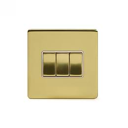 Soho Lighting Brushed Brass 10A 3 Gang 2 Way Switch Wht Ins Screwless