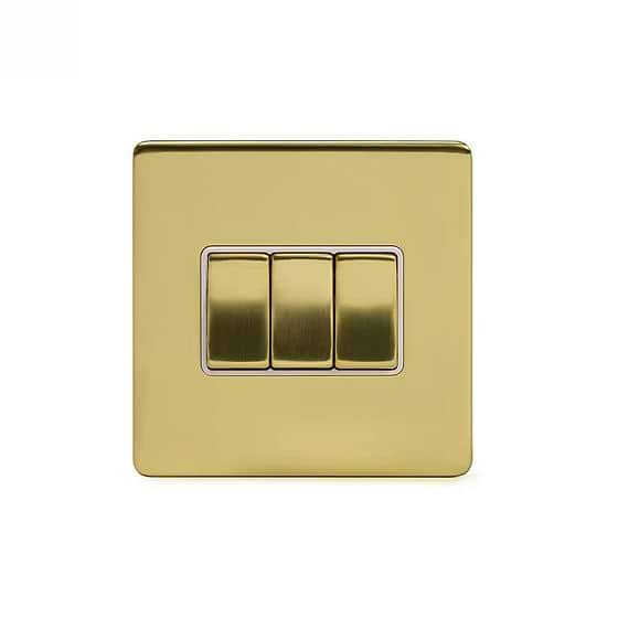 The Savoy Collection Brushed Brass 10A 3 Gang 2 Way Switch Wht Ins Screwless