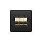The Camden Collection Matt Black & Brushed Brass 10A 3 Gang 2 Way Switch Black Insert Screwless