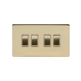 Soho Lighting Brushed Brass 10A 4 Gang 2 Way Switch Wht Ins Screwless