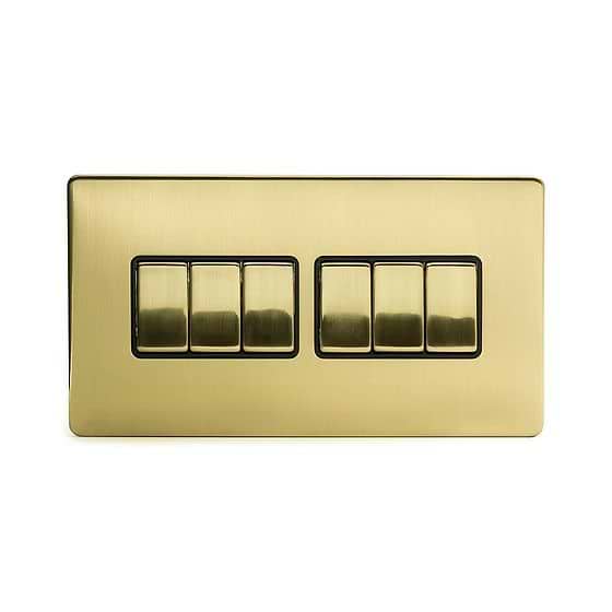 The Savoy Collection Brushed Brass 6 Gang 2 Way 10A Light Switch Blk Ins Screwless