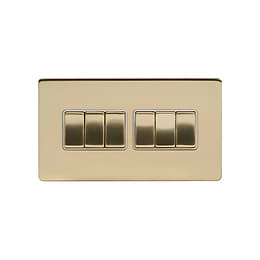 Soho Lighting Brushed Brass 10A 6 Gang 2 Way Switch Wht Ins Screwless