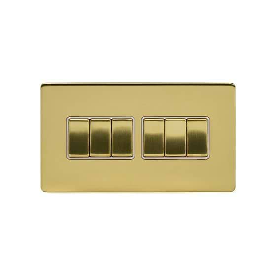 The Savoy Collection Brushed Brass 10A 6 Gang 2 Way Switch Wht Ins Screwless